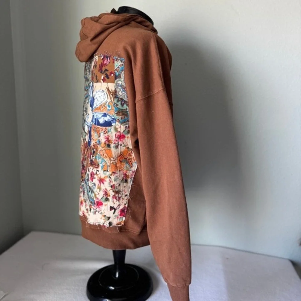 Upcycled VSTR Brown Quilted Patchwork Floral Hoodie Mens M Womens L Art Boho NWT